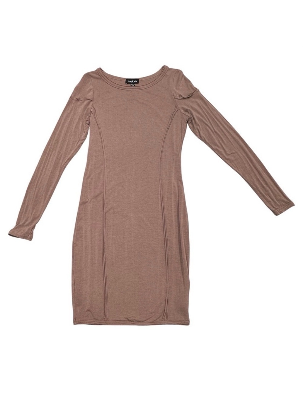 bebe Taupe Solid Ribbed Knit Round Neck Bodycon Mini Long Sleeve Dress S